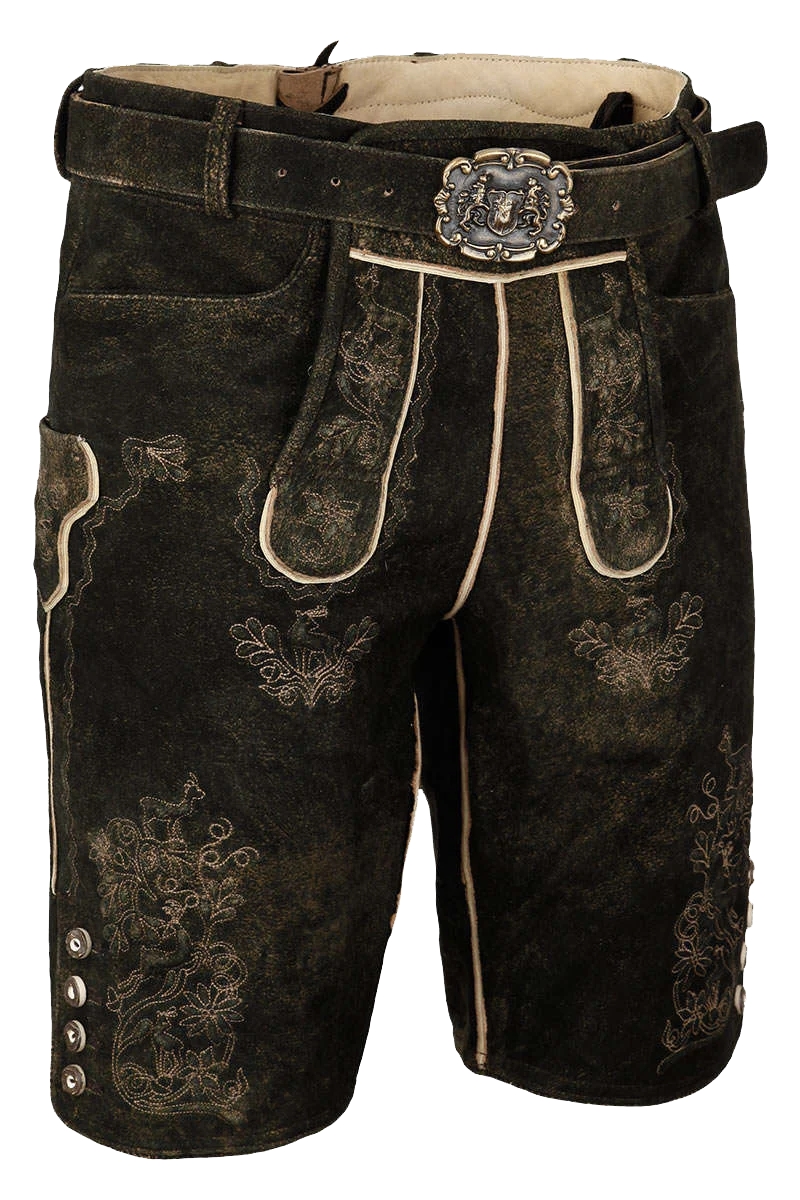 Kurze Herren Lederhose braun mit Gürtel beiger Stickerei