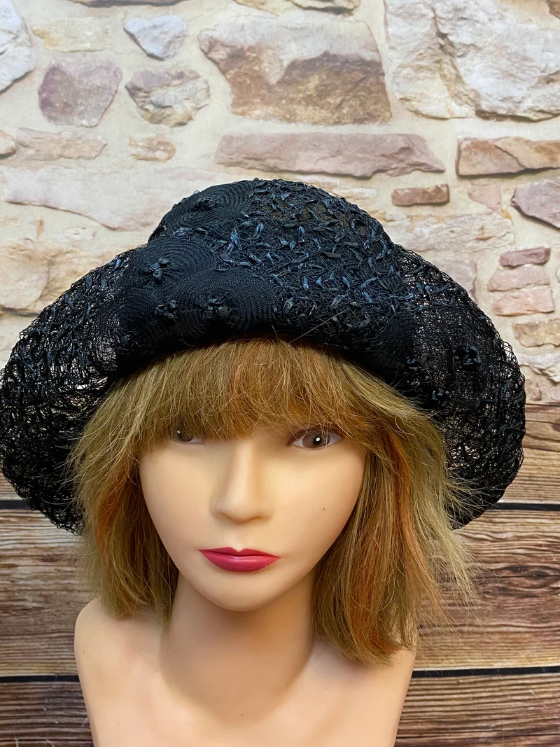 Schwarzer Vintage Hut Cloche Rollrand-Hut 20er Jahre, Gr.57