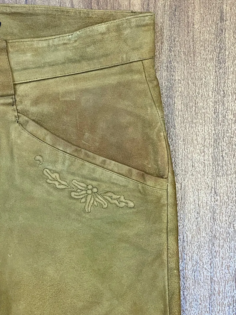 Vintage Trachten Lederhose Herren lang Echtleder Braun/Olive Gr. 52