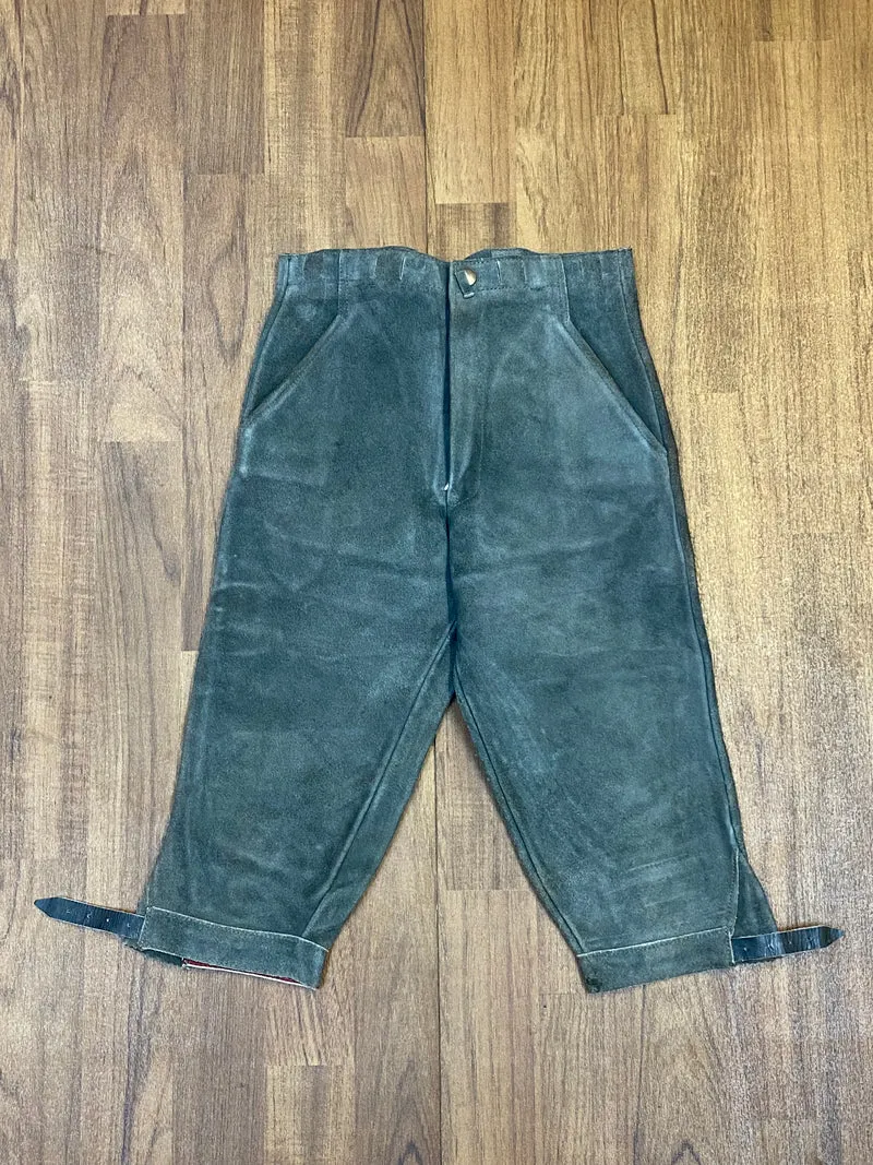 Vintage Kniebundlederhose Herren Grau Echtleder Trachtenhose kleine Größe ca. 44