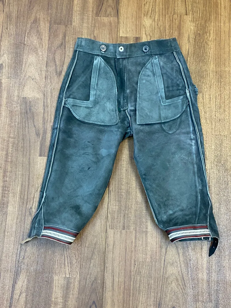 Vintage Kniebundlederhose Herren Grau Echtleder Trachtenhose kleine Größe ca. 44