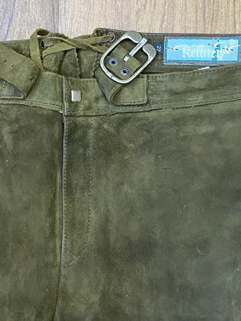 Vintage Lederhose Herren Kniebund Gr. ca. 54 (Kurzgröße 27) – grün Trachtenhose Kettner