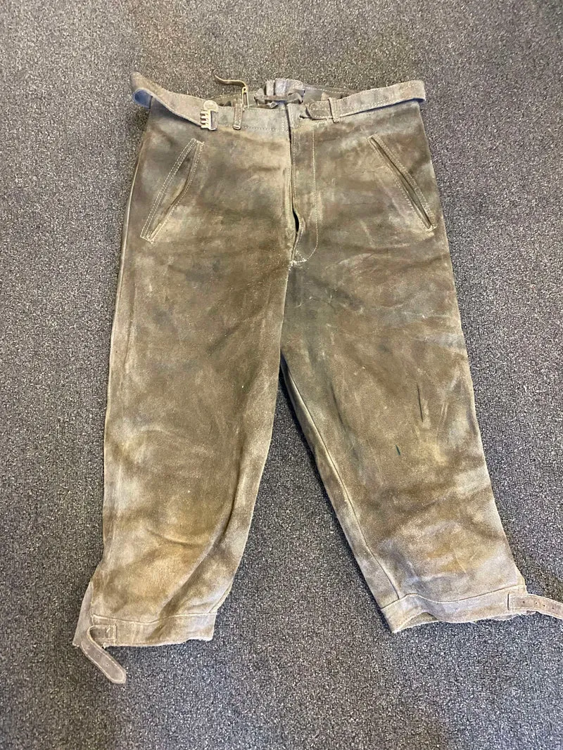 Vintage Lederhose Herren Kniebund Gr. 46 – grau echte Trachtenhose mit Gürtel