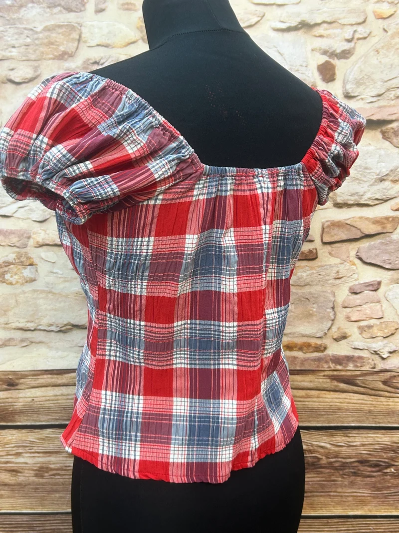 Vintage Bluse kariert rot blau Viskose Off-Shoulder Puffärmel 90er Gr. 38