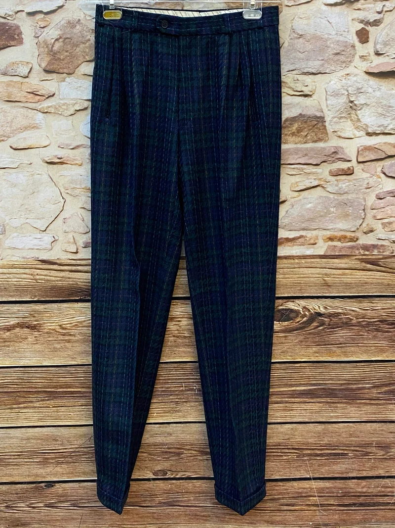 1980er Vintage Bundfaltenhose Herren Gr.46 – Schurwolle Karo Dunkelblau Grün – High Waist