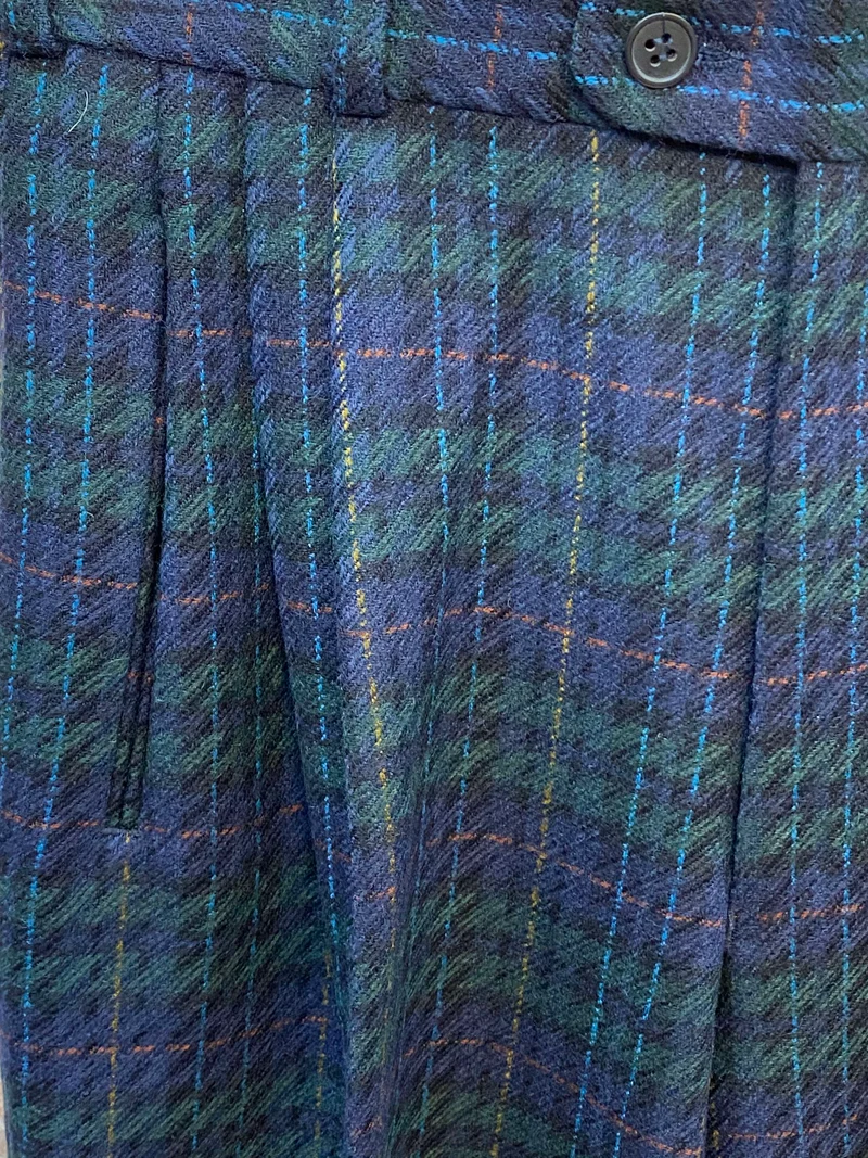 1980er Vintage Bundfaltenhose Herren Gr.46 – Schurwolle Karo Dunkelblau Grün – High Waist