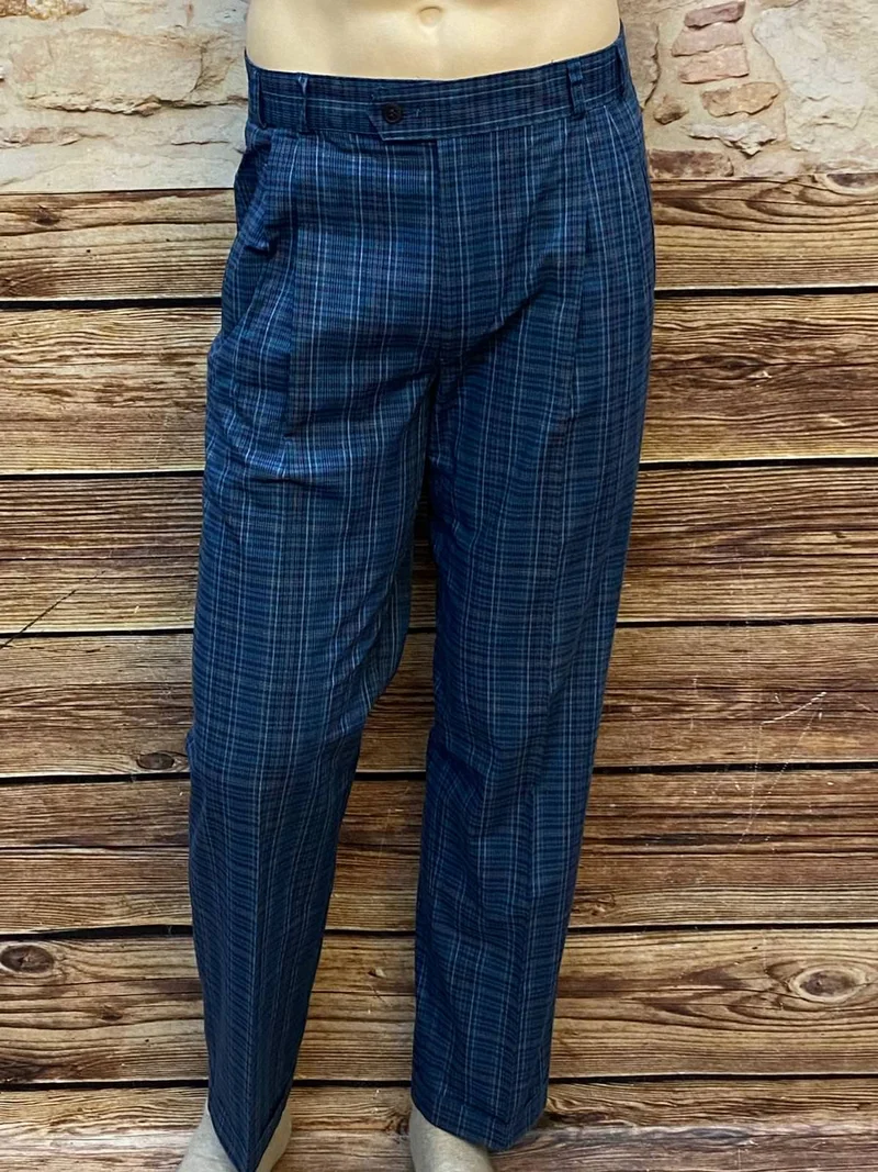 Vintage Bundfaltenhose Herren Gr.48 – High Waist Blau Kariert 80er 90er