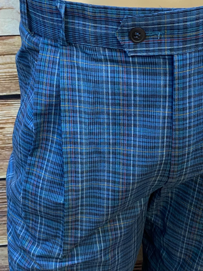 Vintage Bundfaltenhose Herren Gr.48 – High Waist Blau Kariert 80er 90er