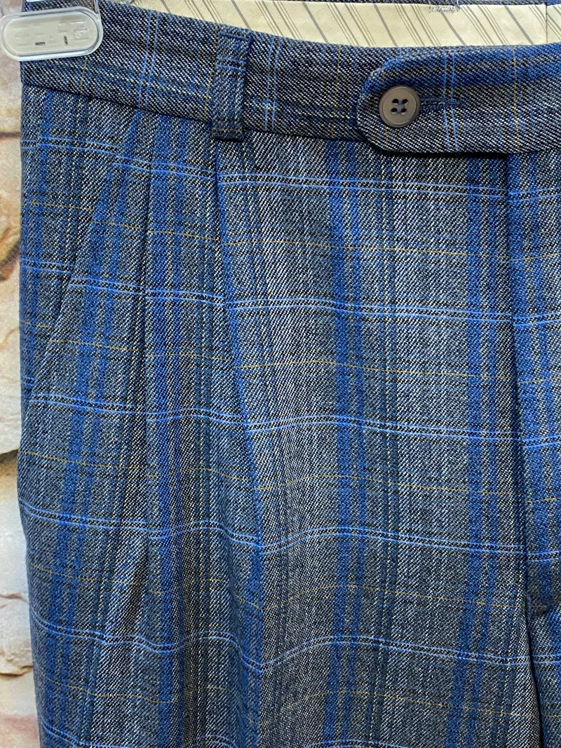 Vintage Bundfaltenhose Herren Gr.46 – Blau Grau Kariert High Waist 80er