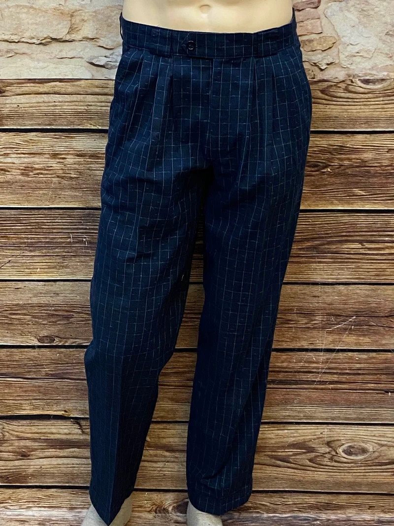 Vintage Bundfaltenhose Herren Gr.48 – Dunkelblau Kariert High Waist 80er