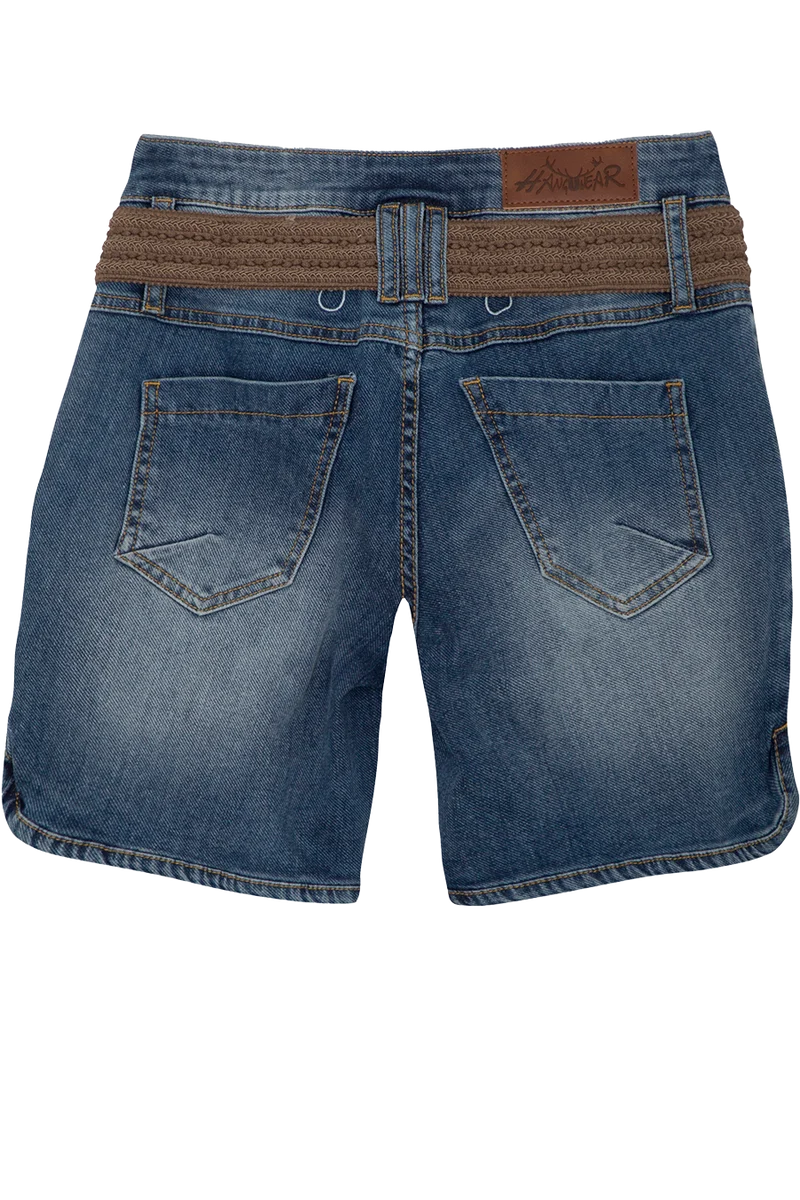 Damen Jeansshort mit Gürtel in Lederhosenoptik