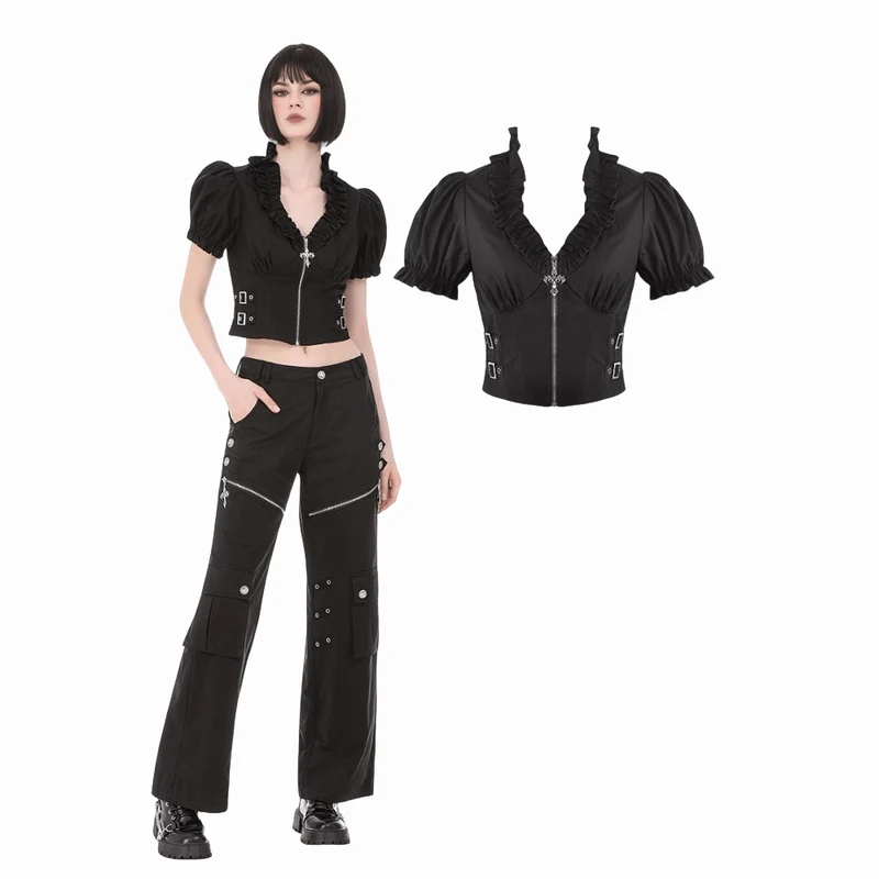 Punkiges, gerüschtes Kurzarm-Crop-Top mit tiefem Ausschnitt und Reißverschluss für Damen