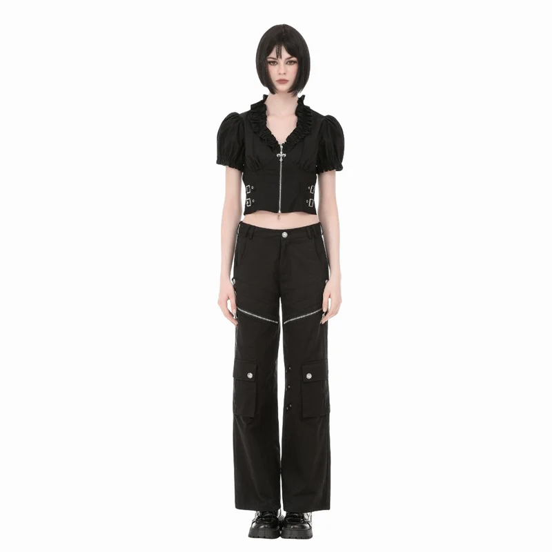 Punkiges, gerüschtes Kurzarm-Crop-Top mit tiefem Ausschnitt und Reißverschluss für Damen