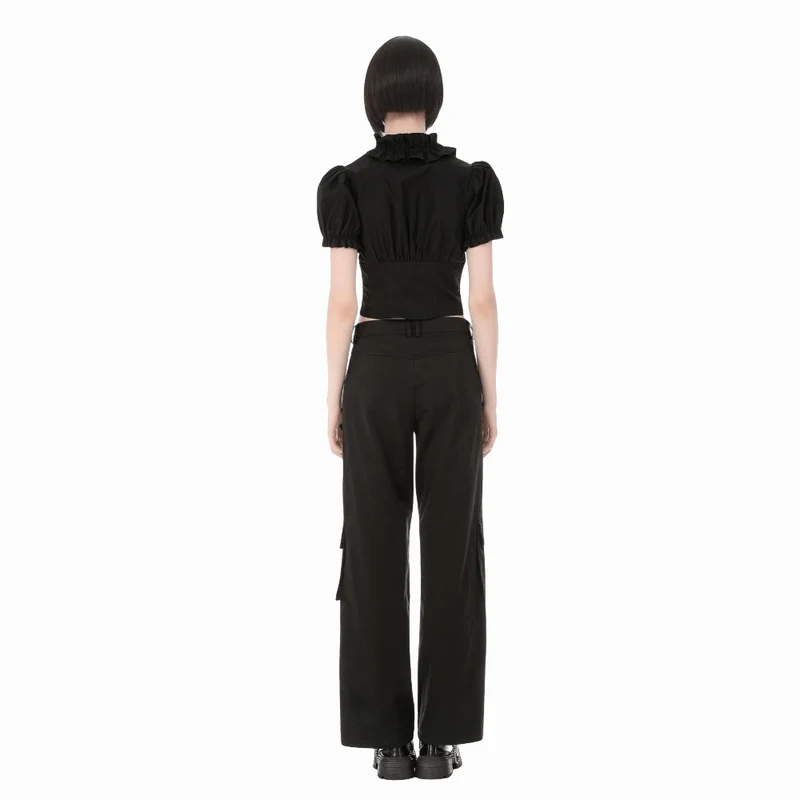 Punkiges, gerüschtes Kurzarm-Crop-Top mit tiefem Ausschnitt und Reißverschluss für Damen