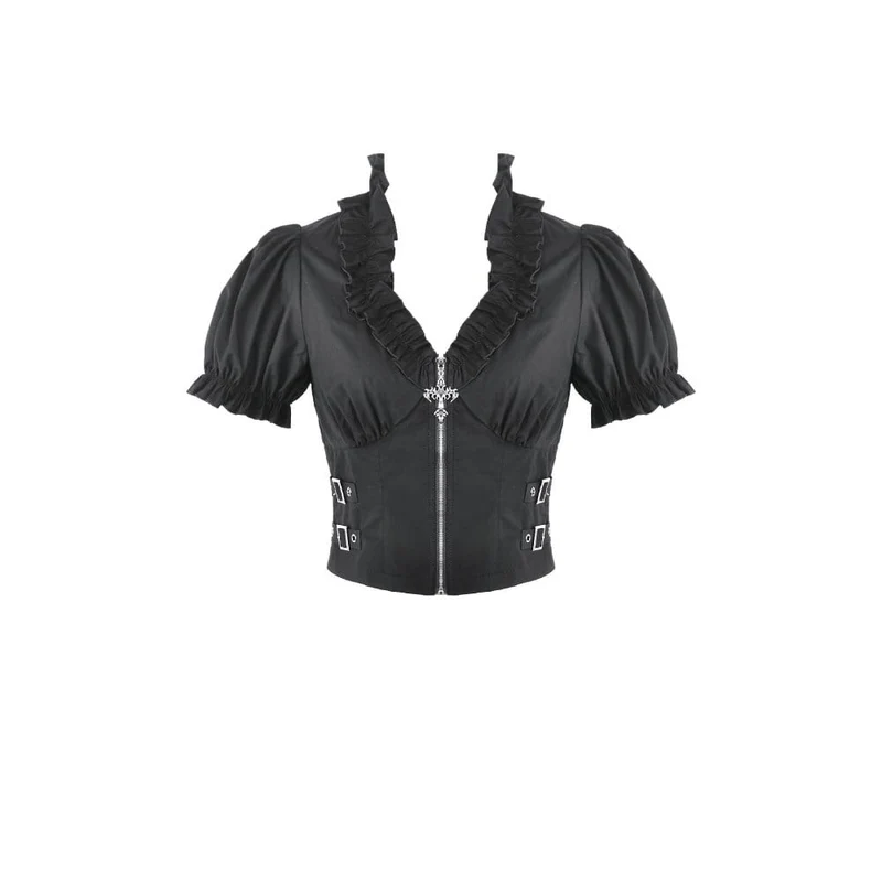 Punkiges, gerüschtes Kurzarm-Crop-Top mit tiefem Ausschnitt und Reißverschluss für Damen