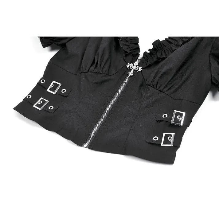 Punkiges, gerüschtes Kurzarm-Crop-Top mit tiefem Ausschnitt und Reißverschluss für Damen