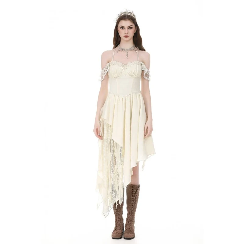 Gothic-Kleid für Damen mit Spitzen-Patchwork, Rüschen, asymmetrischem Schulterfrei-Design, Abschlusskleid