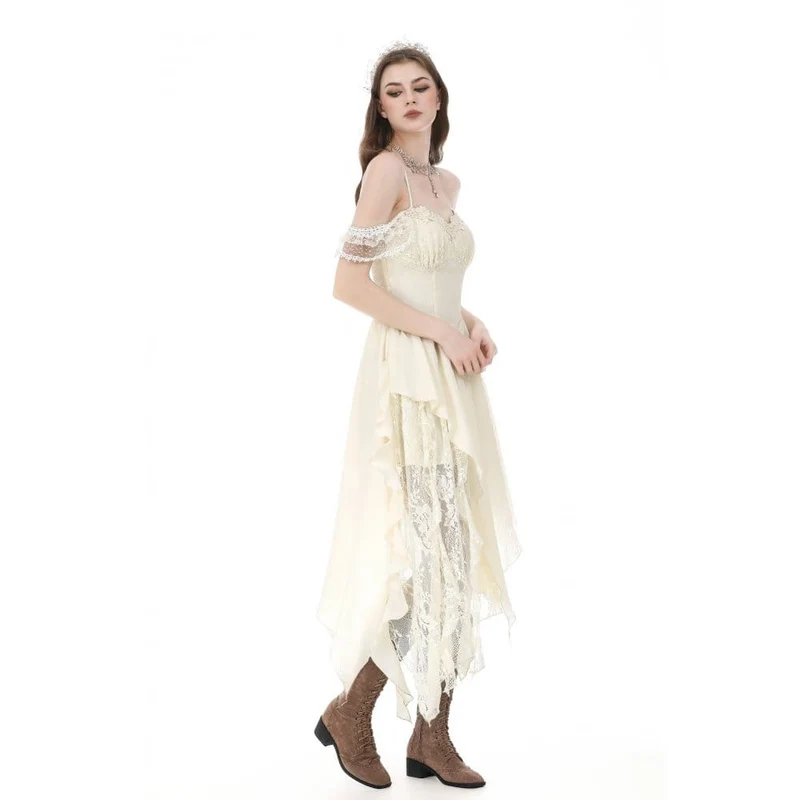 Gothic-Kleid für Damen mit Spitzen-Patchwork, Rüschen, asymmetrischem Schulterfrei-Design, Abschlusskleid