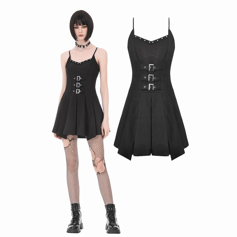 Damen-Punk-Kleid mit Nieten, Schnallenträgern und Falten