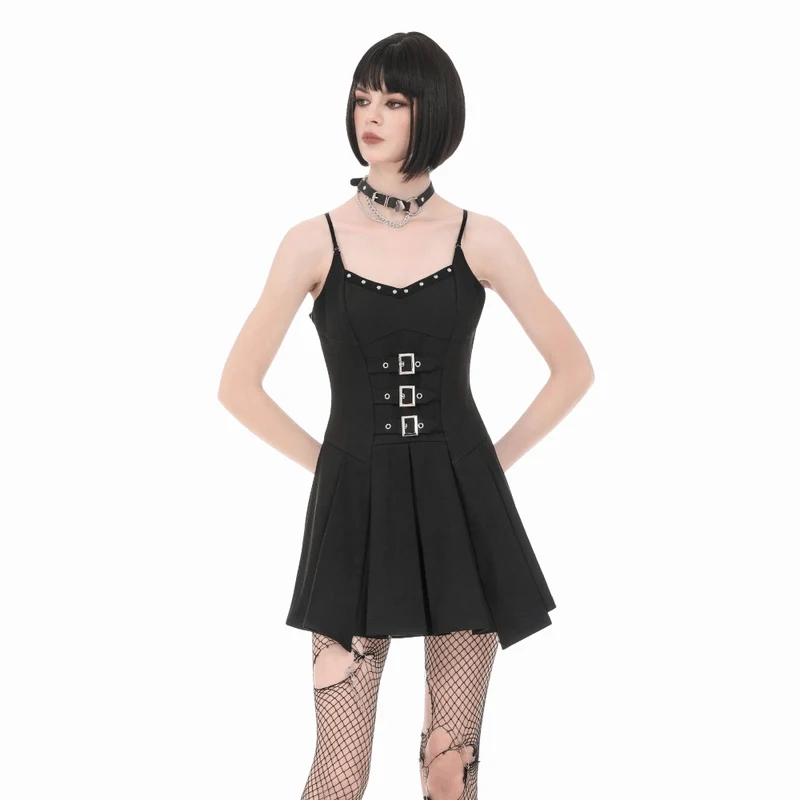 Damen-Punk-Kleid mit Nieten, Schnallenträgern und Falten
