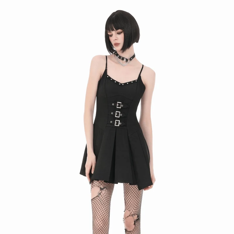 Damen-Punk-Kleid mit Nieten, Schnallenträgern und Falten