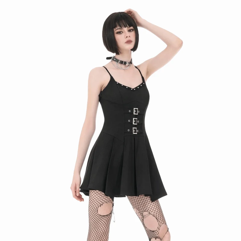 Damen-Punk-Kleid mit Nieten, Schnallenträgern und Falten