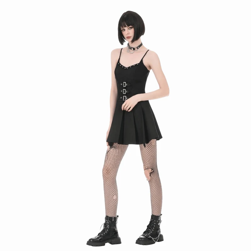 Damen-Punk-Kleid mit Nieten, Schnallenträgern und Falten