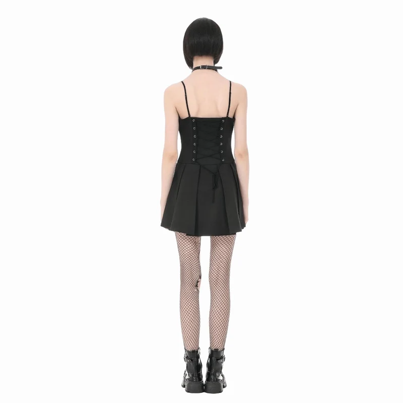 Damen-Punk-Kleid mit Nieten, Schnallenträgern und Falten