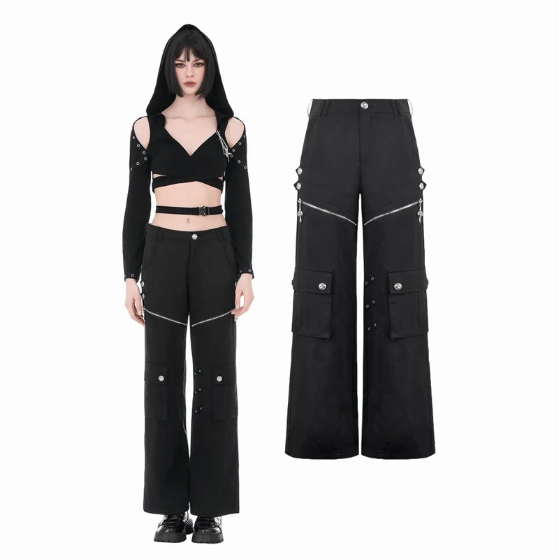 Punk-Damenhose mit Ösen, großer Tasche und Reißverschluss