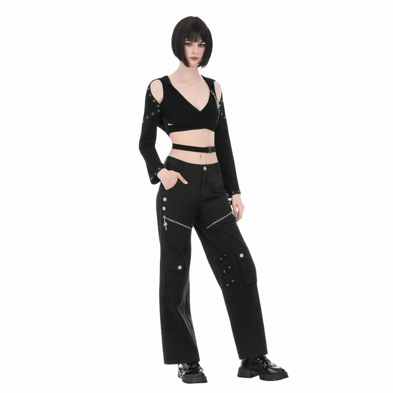 Punk-Damenhose mit Ösen, großer Tasche und Reißverschluss