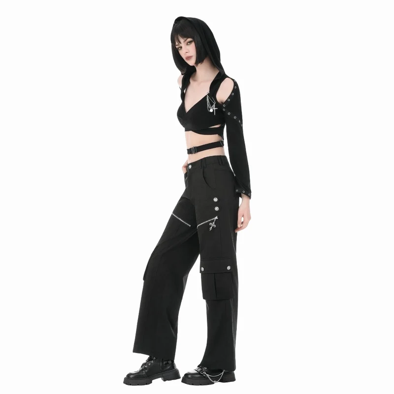 Punk-Damenhose mit Ösen, großer Tasche und Reißverschluss