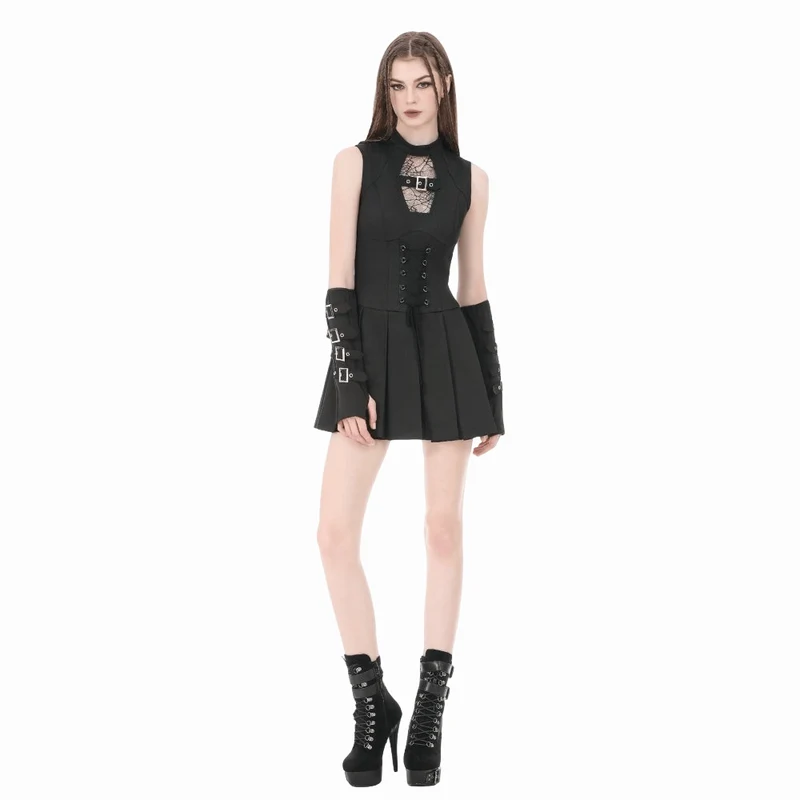 Ärmelloses Punk-Kleid mit Spinnwebenmuster, Mesh-Einsätzen und Schnürung für Damen