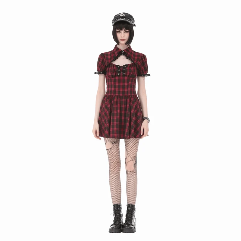 Punk-Kleid für Damen mit Cut-outs, Umlegekragen, Karomuster und kurzen Ärmeln