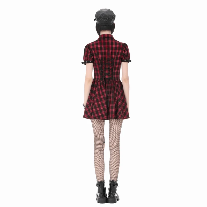 Punk-Kleid für Damen mit Cut-outs, Umlegekragen, Karomuster und kurzen Ärmeln