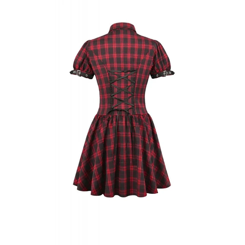 Punk-Kleid für Damen mit Cut-outs, Umlegekragen, Karomuster und kurzen Ärmeln