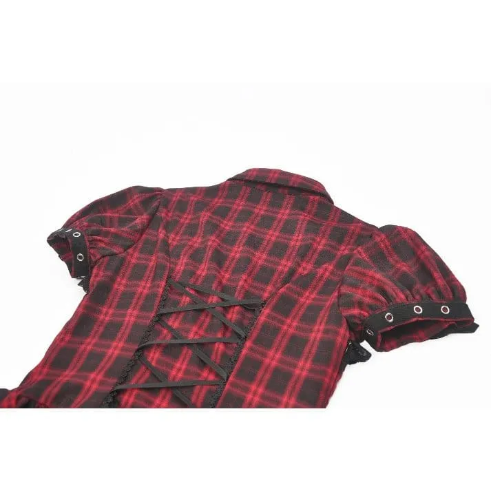 Punk-Kleid für Damen mit Cut-outs, Umlegekragen, Karomuster und kurzen Ärmeln
