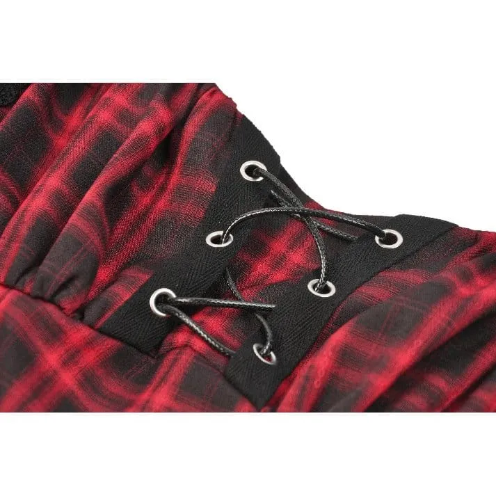 Punk-Kleid für Damen mit Cut-outs, Umlegekragen, Karomuster und kurzen Ärmeln