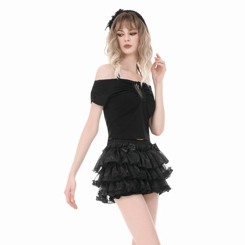 Gothic-Crop-Top für Damen mit gerafftem Kreuzmuster, Neckholder und kurzen Ärmeln