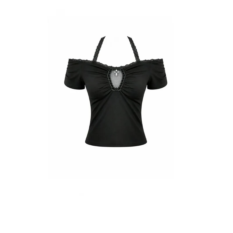 Gothic-Crop-Top für Damen mit gerafftem Kreuzmuster, Neckholder und kurzen Ärmeln