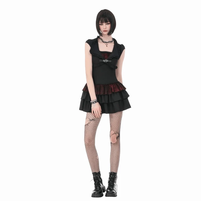 Gothic-Kleid für Damen, zweifarbig, mit Rüschen und kurzen Ärmeln