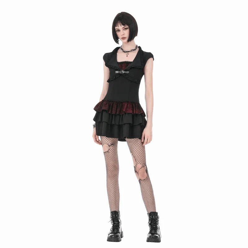 Gothic-Kleid für Damen, zweifarbig, mit Rüschen und kurzen Ärmeln