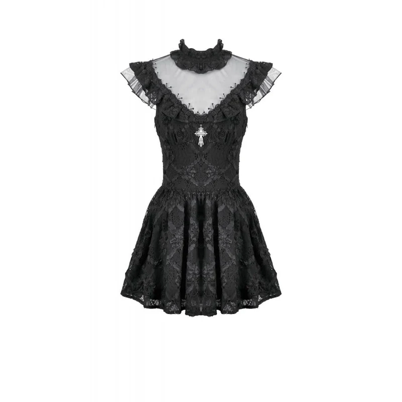 Gothic-Kurzkleid für Damen mit Blumenmuster, transparentem Mesh-Einsatz und Kreuzmuster