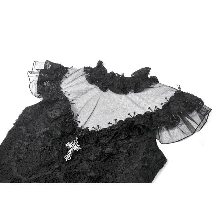 Gothic-Kurzkleid für Damen mit Blumenmuster, transparentem Mesh-Einsatz und Kreuzmuster