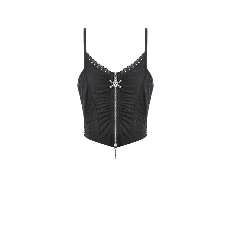 Punk-Bustier für Damen mit Totenkopf-Nieten, Rissen und Raffungen