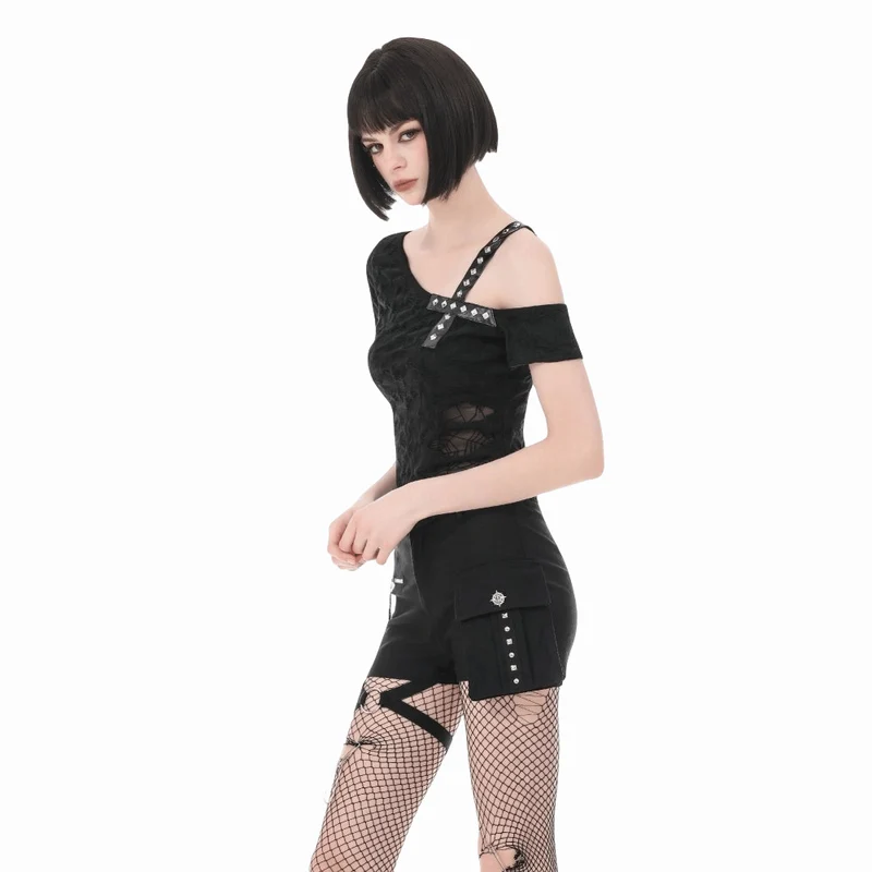 Punk-T-Shirt für Damen mit gekreuzten Trägern, Nieten und asymmetrischem Schnitt, kurzen Ärmeln