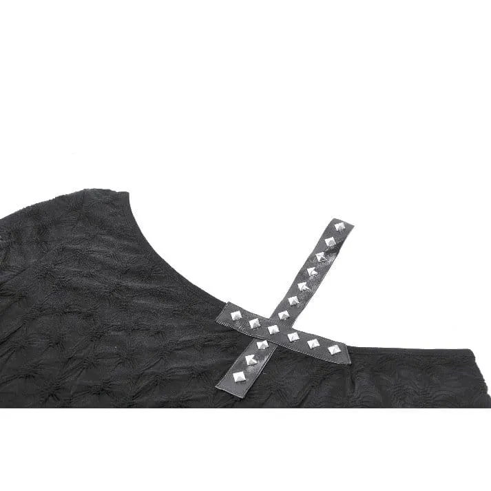 Punk-T-Shirt für Damen mit gekreuzten Trägern, Nieten und asymmetrischem Schnitt, kurzen Ärmeln