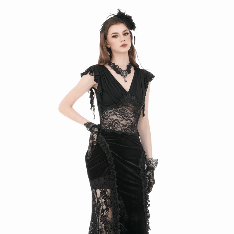 Gothic-Crop-Top für Damen mit floralem Spitzen-Patchwork und tiefem Ausschnitt