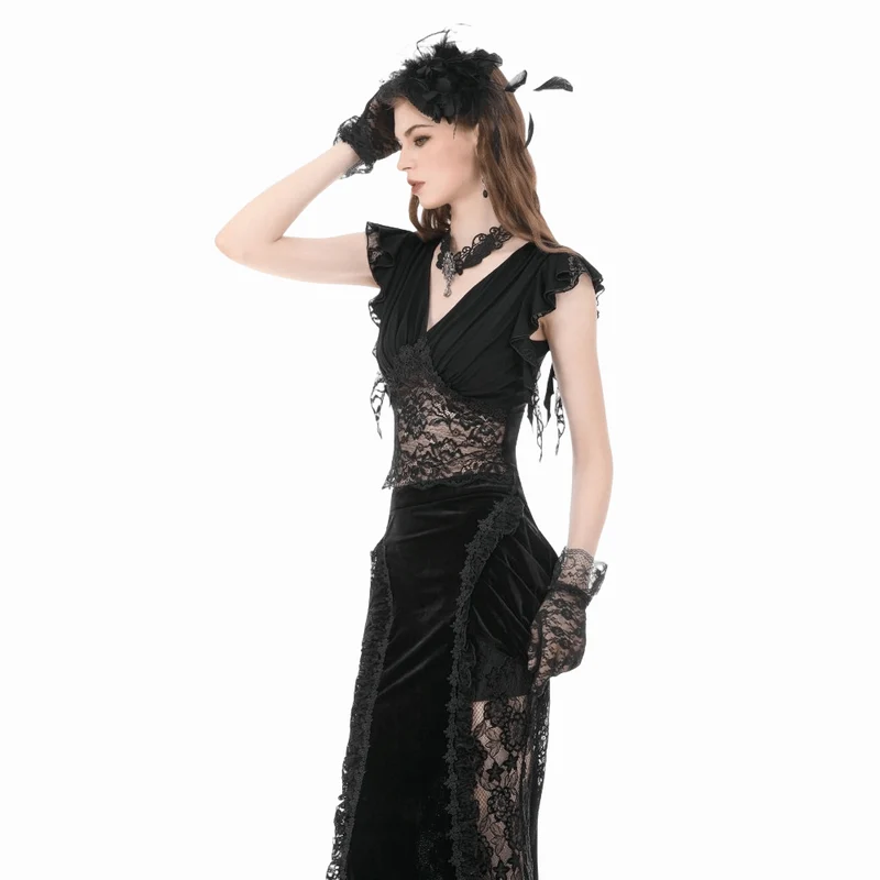 Gothic-Crop-Top für Damen mit floralem Spitzen-Patchwork und tiefem Ausschnitt