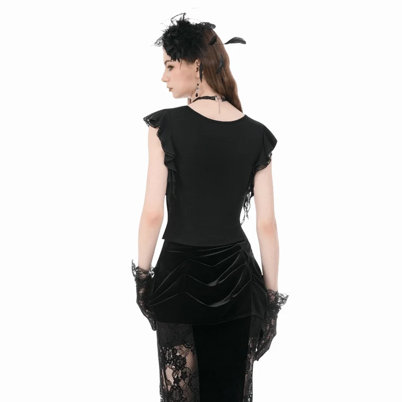 Gothic-Crop-Top für Damen mit floralem Spitzen-Patchwork und tiefem Ausschnitt