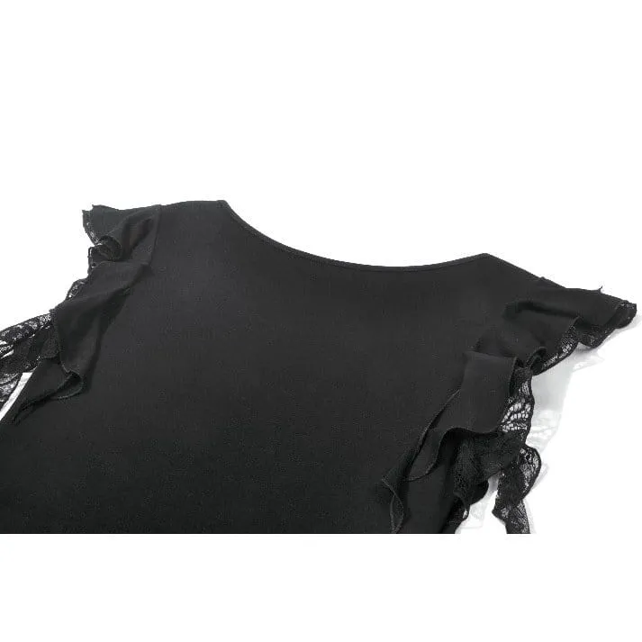 Gothic-Crop-Top für Damen mit floralem Spitzen-Patchwork und tiefem Ausschnitt